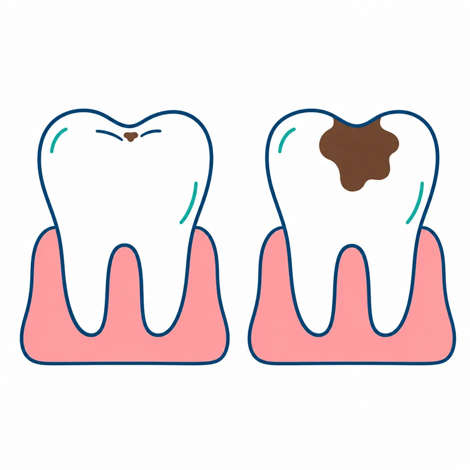 Ilustración comparativa: caries pequeña junto a caries avanzada en una muela